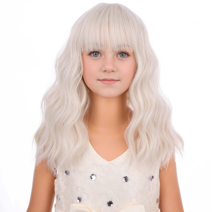 Blonde Wig Kids Child Short Wavy Wig with Bangs Flaxen Blonde Wigs Synthetic Girls Cosplay Halloween Party Costume Wigs (Flaxen Blonde)