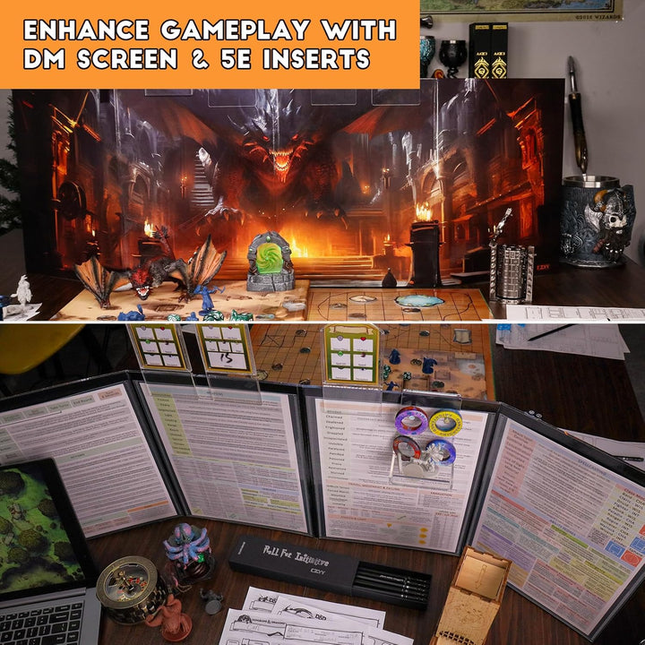 Foldable Battle Mat with DM Screen, Game Tokens, Dice Set, Markers - 2-Sided Wet & Dry Erase Terrain, Ultimate DND Starter Set, Accessories, Gift for Dungeon Master & Player