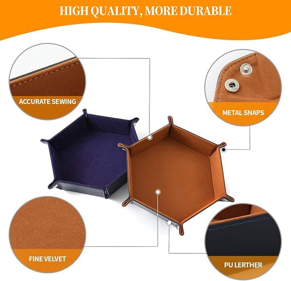 2 Pcs Portable Folding Dice Rolling Tray Set for RPG DND Table Games - PU Leather and Velvet Holder Storage Box - Navy Blue and Camel