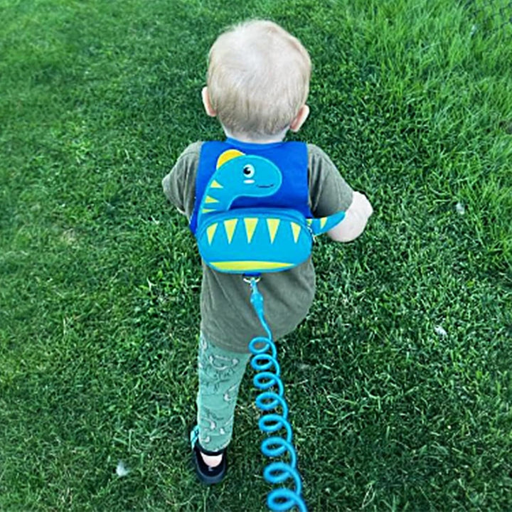 Toddler Harness with Leash, Cute Dinosaur Kids Harness + anti Lost Wrist Link, Mini Child Harness Leash Wristband Strap Belt Protector for Baby Boys Girls to Outdoor Travel (Blue)