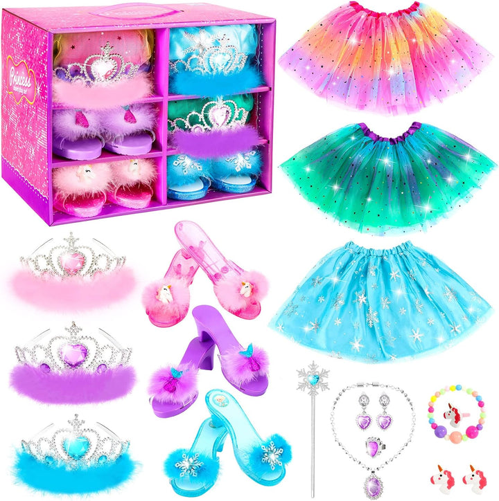 Princess Dress up Shoes Set, Girls Dress up Toys Toddler Jewelry Boutique Kit, 3 Themes of Unicorn Mermaid Ice Princess Costumes Set, Pretend Play Gifts for Little Girls Aged 3-6 Years Old
