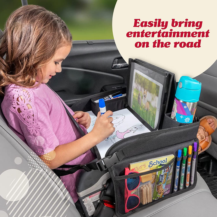 Car Seat Tray for Kids Travel - Black 600D Oxford Lap Desk Organizer with Dry-Erase Surface, Tablet Stand, Snack Holder & Cup Holder - Travel Tray for Kids Car Seat