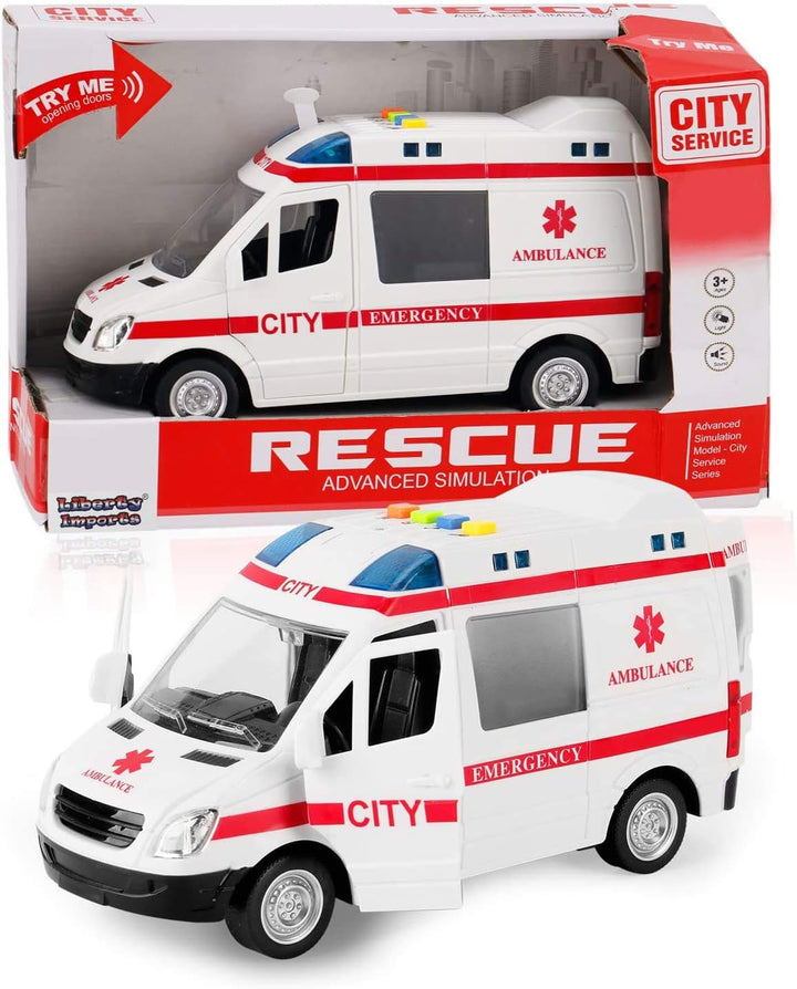 Ambulance Toy Car with LED Lights & Siren Sound Effects - Friction Powered Wheels Plastic Rescue Vehicle Toy for Kids & Toddlers