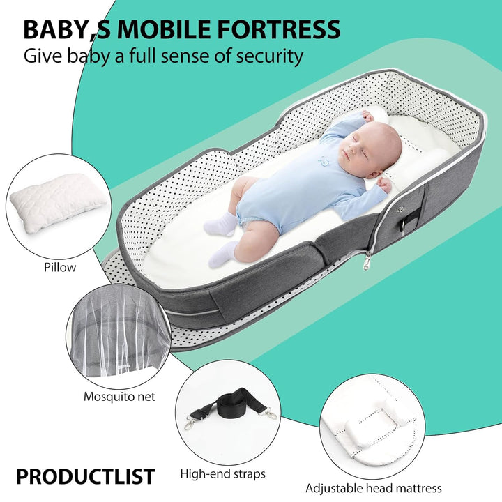 Portable Bassinet for Baby Travel Lounger Foldable Baby Co-Sleeping Bed with Mosquito Net + Cool Mat Carry Bag & Storage Pocket (Gray)