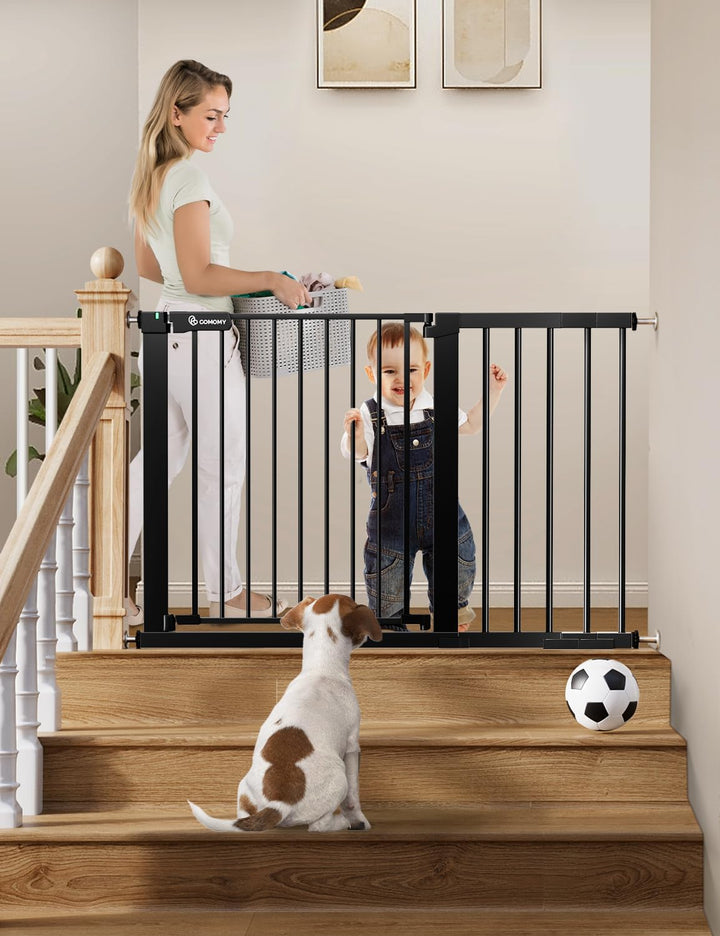 36" Extra Tall Baby Gate for Stairs and Doorways - Fits 29.5" to 48.8" Wide Openings, Auto Close Extra Wide Dog Gate for House, Pressure Mounted Easy Walk through Pet with Door, Black
