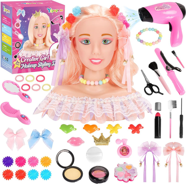 42PCS Pretend Play Hair Styling Doll Head Makeup Kit for Girl, Hair Makeup Salon Doll Toy Kid, with Hairdryer Curling Iron Eye Shadow Powder Hair Clip Set Birthday for 3+ Girl Year