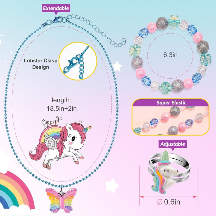 Kids Jewelry for Girls 4-6, Little Girls Play Jewelry Set for Toddlers Age 3-5 6-8, Childrens Princess Costume Dress up Necklace Bracelets Rings, Unicorn Birthday Gifts for 3 4 5 7 6 8 Year Old