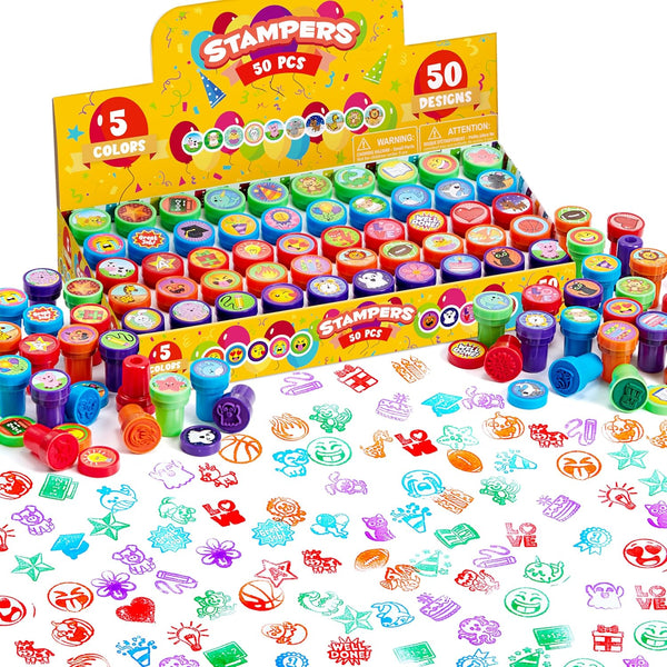 50 Pcs Assorted Stamps for Kids - Self-Ink Stamps with 50 Designs for Birthday Party Favor, Carnival Prizes, School Stampers, Goodie Bag, Halloween, Christmas (Zoo, Holiday Stampers)