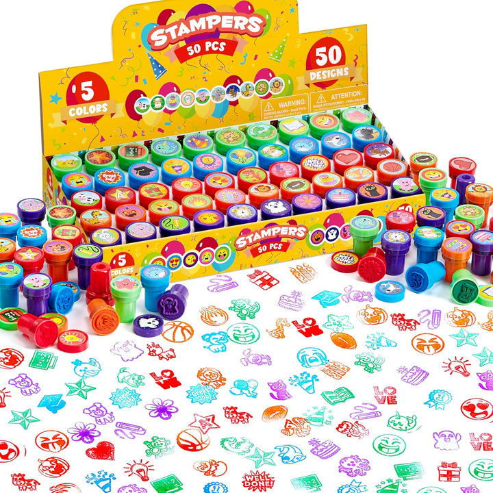 50 Pcs Assorted Stamps for Kids - Self-Ink Stamps with 50 Designs for Birthday Party Favor, Carnival Prizes, School Stampers, Goodie Bag, Halloween, Christmas (Zoo, Holiday Stampers)