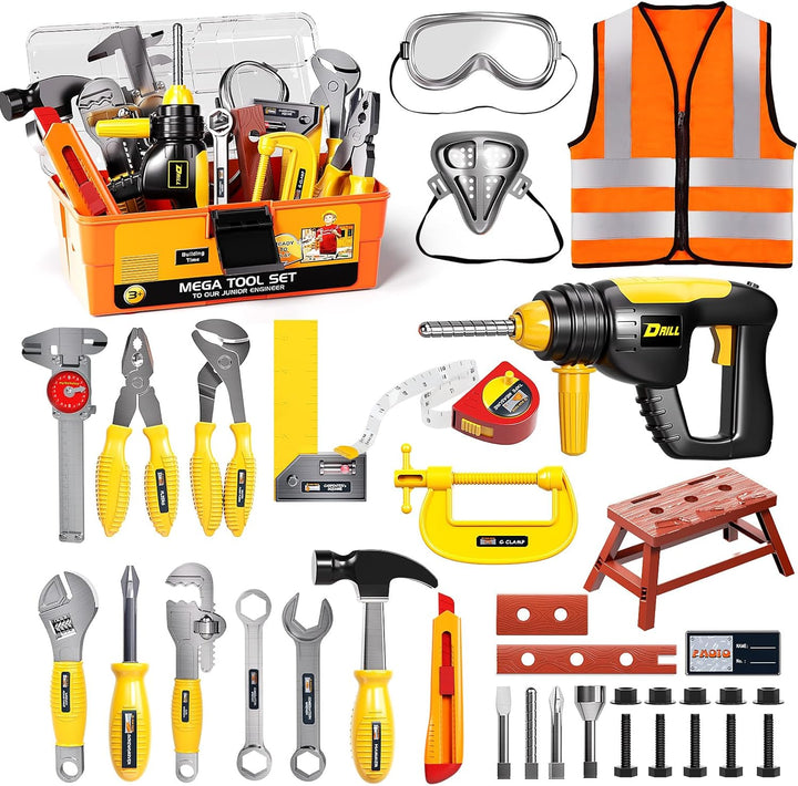 Tool Set with Tool Box & Electronic Toy Drill, Pretend Play Kids Construction Kits for Kids Ages 3-5 Years Old, Toddler Boy Toys(Orange)