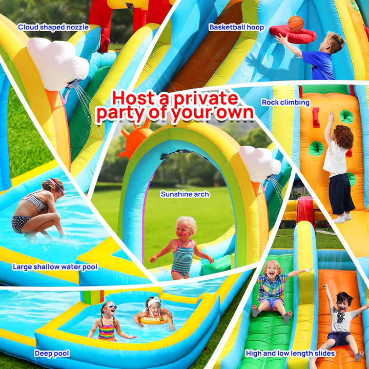 Inflatable Water Double Slides Park with Blower, Bouncy Castle with Rainbow Water Curtain, with Shooting and Rock Climbing