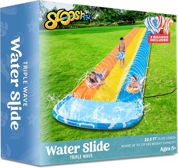 22.5Ft X 82In Waves Triple Lawn Water Slide,Heavy Duty Lawn Water S with 3 Body Boards and Slip Sprinkler for Kids Adults Backyard Summer Outdoor