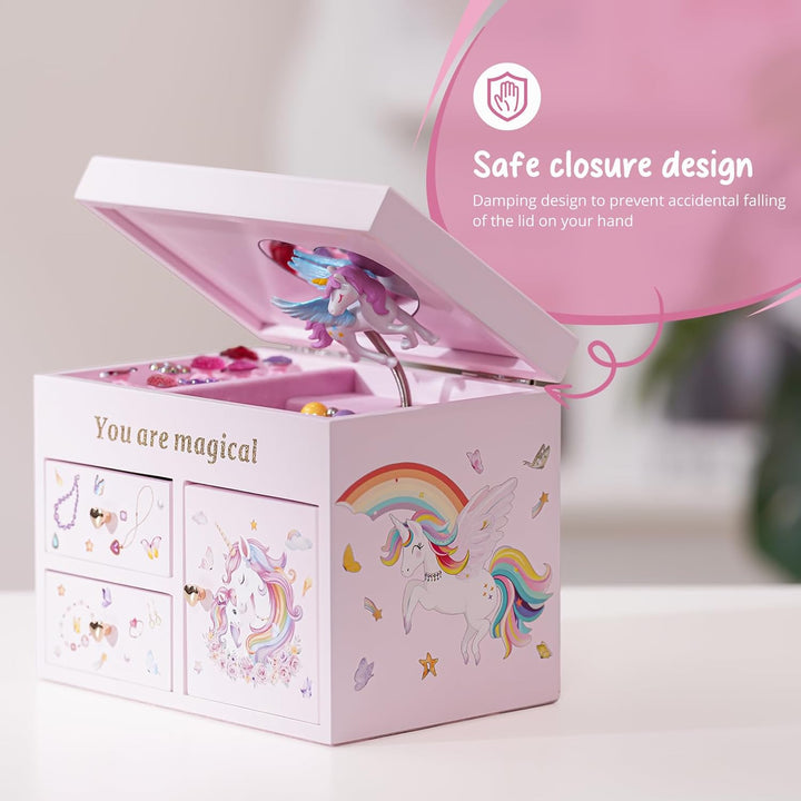 Wooden Jewelry Box with Unicorn for Girls, Musical Children'S Jewelry Organizer, Gift for Toddler Age 2 3 4 5 6 7 8 9 on Birthday -Pink