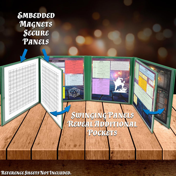 DM Screen PU Leather 8-Panel Deluxe GM Screen - Eight Panel Folding Dungeon Master Screen with 2 Swinging Panels and Wet Erase Pockets for Ttrpgs - Green, Inserts Not Included