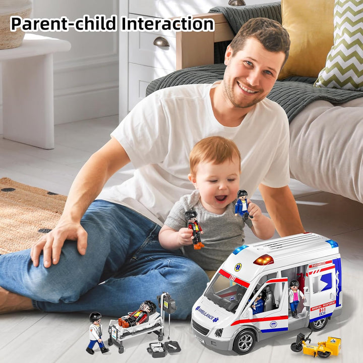 Play Ambulance Toy for Kids 3 4 5 6 7 8 Years Old - Friction Powered Truck with Light and Sound, Carrier Vehicle with Figures Toys, Gifts for Boys Girls Age 3-12