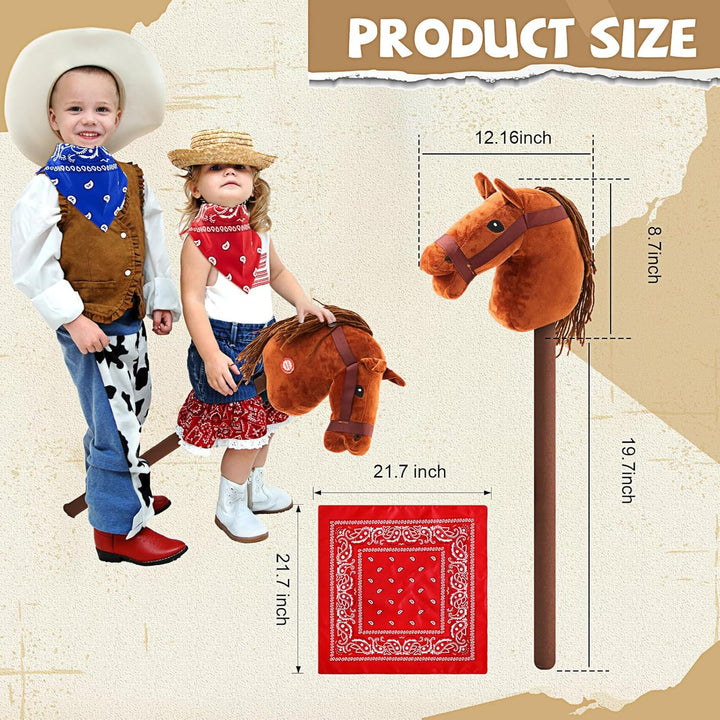 8 Pcs Light Brown Horse Stick with Sound Red and Blue Bandana Set 27.6'' Toys Stick Horse Western Cowboy Bandana Horse Head Stick with Neighing Sound for Boys Girls Fun Pretend Games