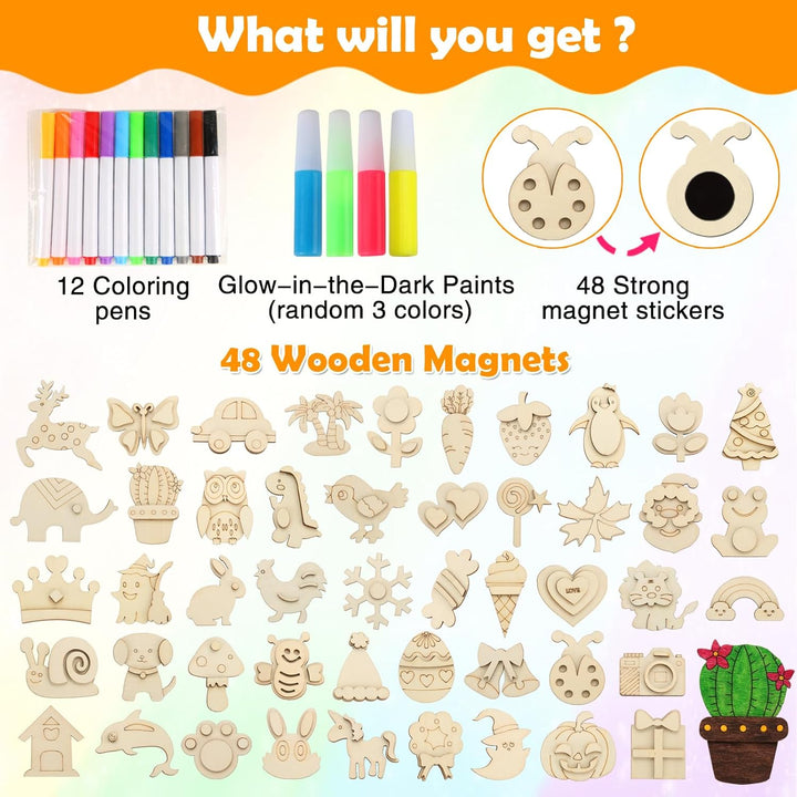 48 Pcs DIY Wooden Magnets, Wooden Art Craft Supplies Painting Kit for Kids Ages 4-8 8-12 Glow in the Dark Party Favors Goodie Bag Stuffers Birthday Gifts Toys for Boys Girls