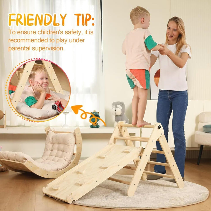 Pikler Triangle Set with Cushion, 7 in 1 Toddler Climbing Toys Indoor, Montessori Foldable Climbing Set, Wooden Climbing Toys for Toddlers 1-3 inside with Ramp, Arch and Ladder (Nature Wood)