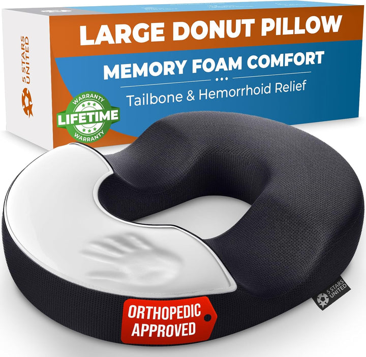 Donut Pillow Hemorrhoid Tailbone Cushion – Large Cushion for Pain Relief – Coccyx, Prostate, Sciatica, Pelvic Floor, Pressure Sores, Pregnancy, Postpartum Recovery, Black