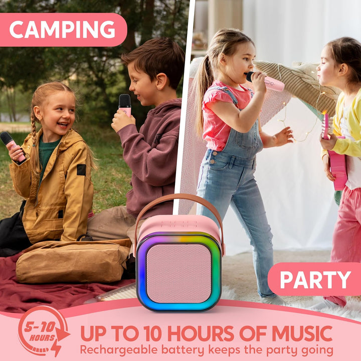 Karaoke Machine, Mini Karaoke Machine with 2 Wireless Microphones for Kids and Adults, Bluetooth Speaker Toys, Birthday Girls Gift for Ages 3,4, 5, 6,7, 8,9,10,11,12+ Years Old(Pink)