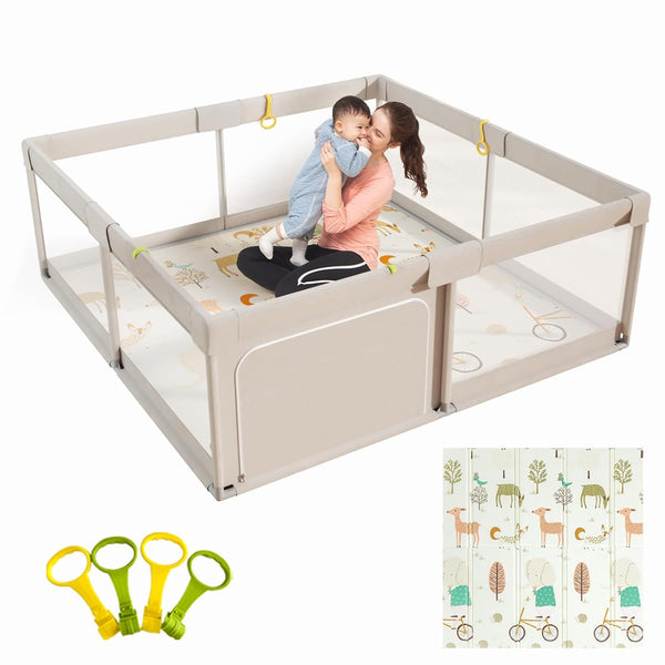 Baby Playpen with Mat, 59X59 Inches Extra Large Playpen for Babies and Toddlers, Indoor & Outdoor Activity Center, Safety Baby Fence