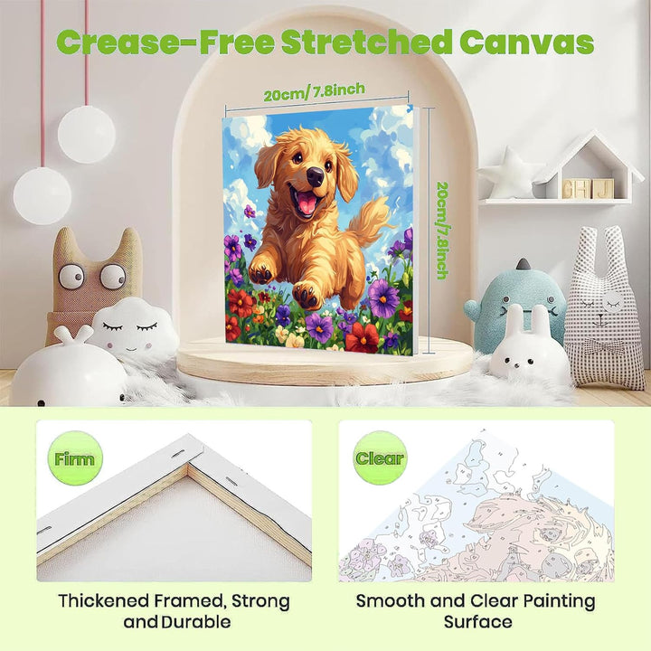 Dog Paint by Numbers Kit for Kids with Frame - Cute Dog Paint by Number for Kids, Kid Painting by Number Kits Age 8-12 for Home Wall Decor 8X8Inch (With Wooden Easel)