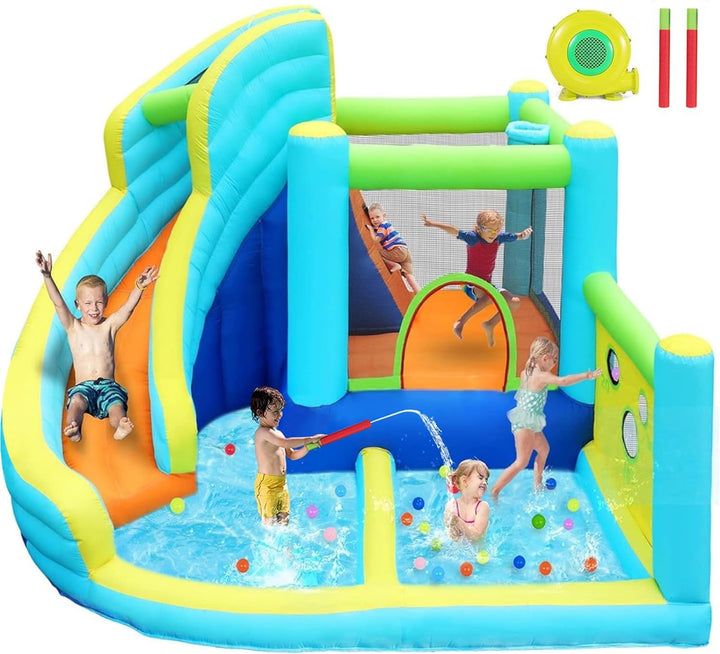 Inflatable Bounce House Water Slide Park, Bouncy Castle with Blower for Indoor & Outdoor, Jumping Castle with Slide, Climbing Wall, Basketball