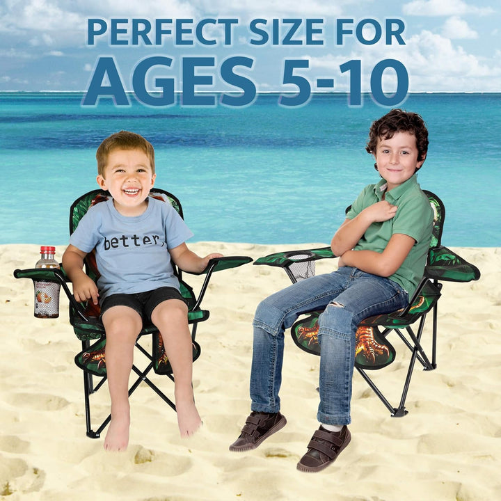 Outdoor Dinosaur Kids Camping Chair – Foldable Children’S Chair for Camping, Tailgates, Beach, – Carrying Bag Included Mesh Cup Holder & Sturdy Construction. Ages 5 to 10 (Patent Pending)