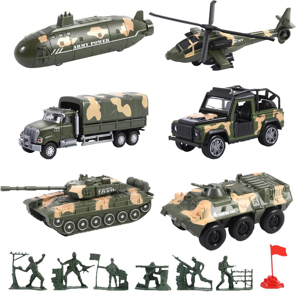 Military Vehicle Set Assorted Army Model Car Helicopter Submarine Tank Armored Car Panzer Transport Truck with Army Men Action Figures Soldiers Die Cast Alloy Metal Pull Back Toys for Kids