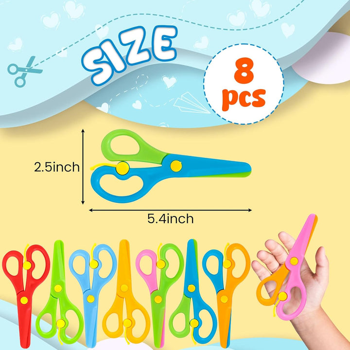 Kids Safety Scissors, 8 PCS Blunt Tip Scissor Skills Preschool Training for Kids & Children, Anti-Pinch Design, Child Hand-Eye Coordination Development, Playdough Tools Cutting Activity