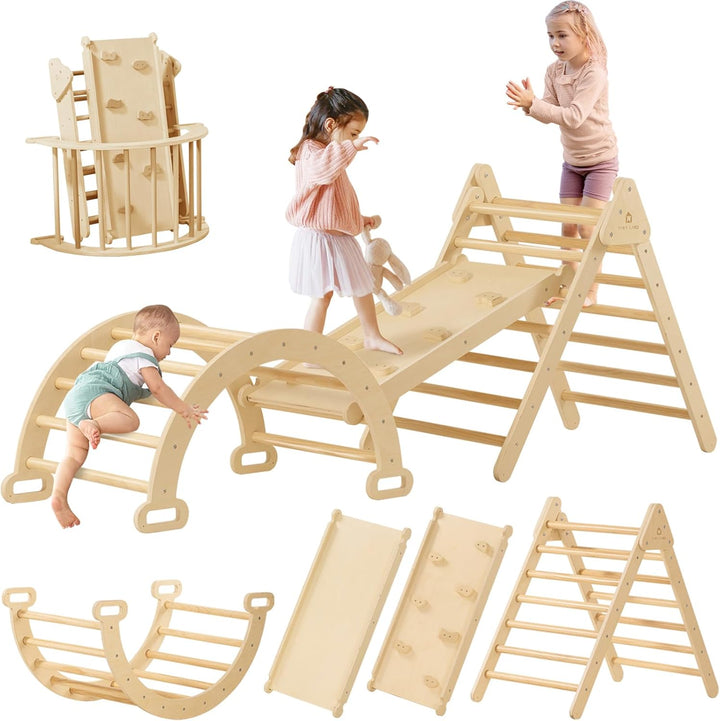 Pikler Triangle Set, 7-In-1 Foldable Pikler Triangle Climbing Toys Set for Kids,Baby Indoor Playground Jungle Gym, Wooden Montessori Climbing Set for Toddler (Rainbow)