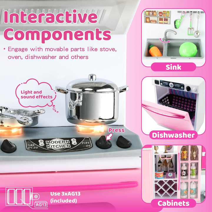 64 PCS Pink Kitchen Toys with Lights Sounds|Mini Kitchen House Furniture Sets for Kids Ages 4-8|Doll Playset Toys for Toddlers 3-5|Birthday Gifts for 3 4 5 6 7 8 Old Girls