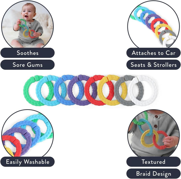 Linking Ring Set; Set of 8 Braided, Rainbow-Colored Versatile Linking Rings; Attach to Baby'S Car Seat, Stroller & Activity Gym to Keep Toys Nearby; Primary Rainbow