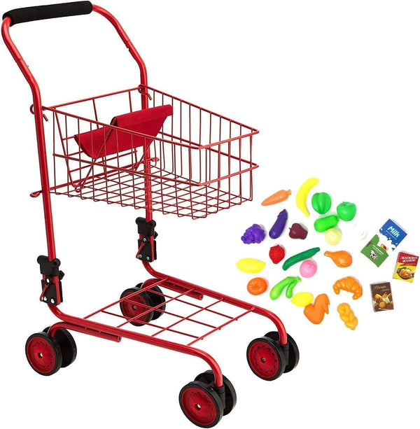 Toy Shopping Cart for Kids and Toddler - Includes Food - Folds for Easy Storage - with Sturdy Metal Frame (Red)