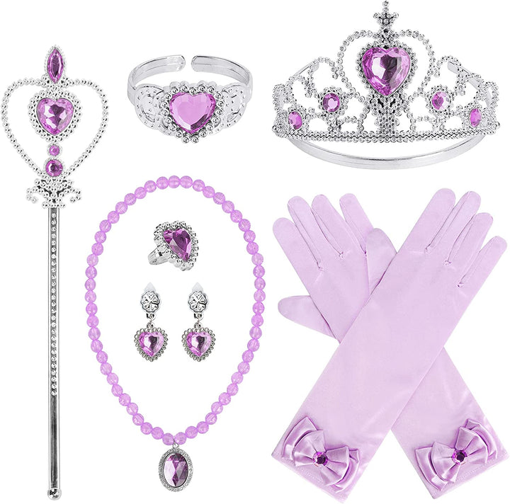 Princess Dress up Party Accessories for Princess Costume Gloves Tiara Wand Necklace Earrings Bracelet and Ring Gift Set 9Pcs (Pink, Set of 7, 9Pcs)