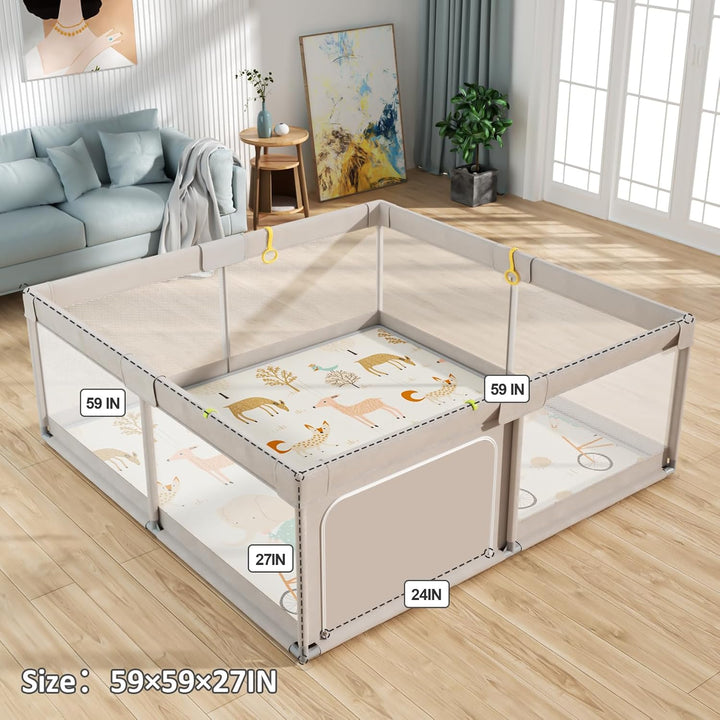 Baby Playpen with Mat, 59X59 Inches Extra Large Playpen for Babies and Toddlers, Indoor & Outdoor Activity Center, Safety Baby Fence