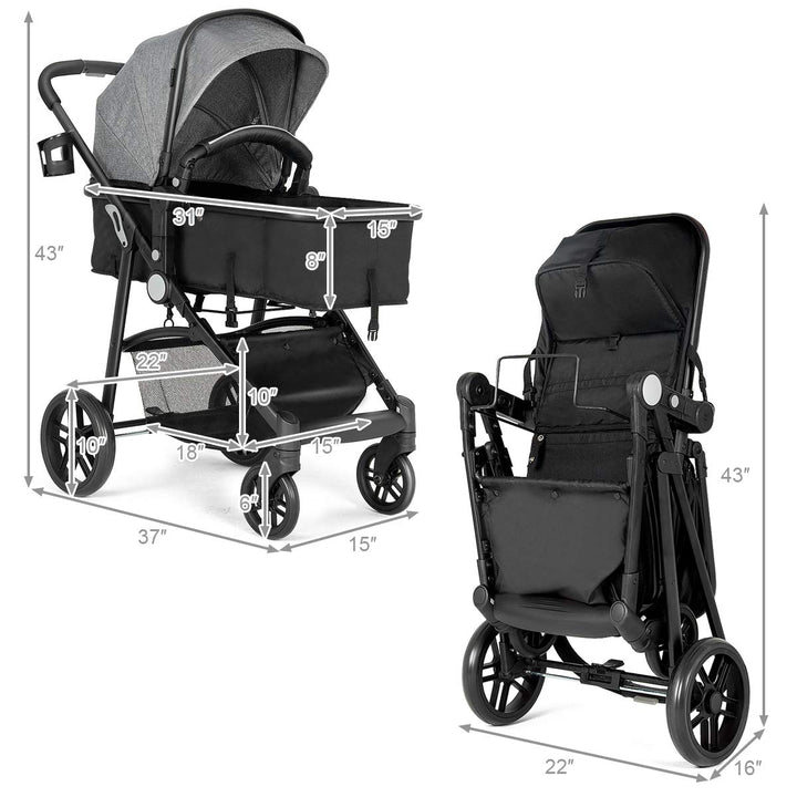 Baby Stroller, 2 in 1 Convertible Carriage Bassinet to Stroller, Pushchair with Foot Cover, Cup Holder, Large Storage Space, Wheels Suspension, 5-Point Harness (Gray)