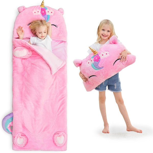 Kids Unicorn Sleeping Bag, Toddler Girl Nap Mat, Plush Animal Slumber Bag 2 in 1 Pink Pillow Daycare Preschool Kindergarten Birthday Gift Travel Sleepover 3 4 5 6 7 8 10 12 Yr Child Teen