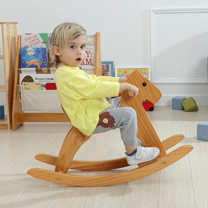 Rocking Horse Wooden Ride on Toy for Kids Classic Design Rocking Horse with Pedal and Safe Backrest Fine Workmanship(Classic, Natural)