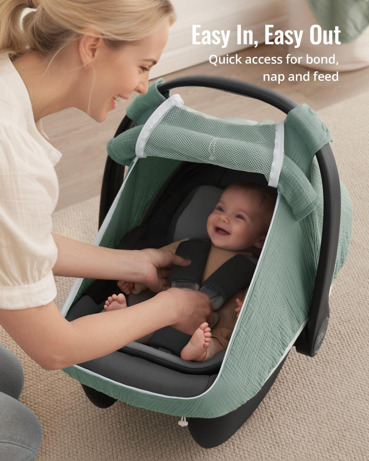 Baby Car Seat Cover, Extra Large Mesh Window, Breathable Muslin Cotton, Infant Windproof Canopy, Must-Have Baby Gift - Roman Green