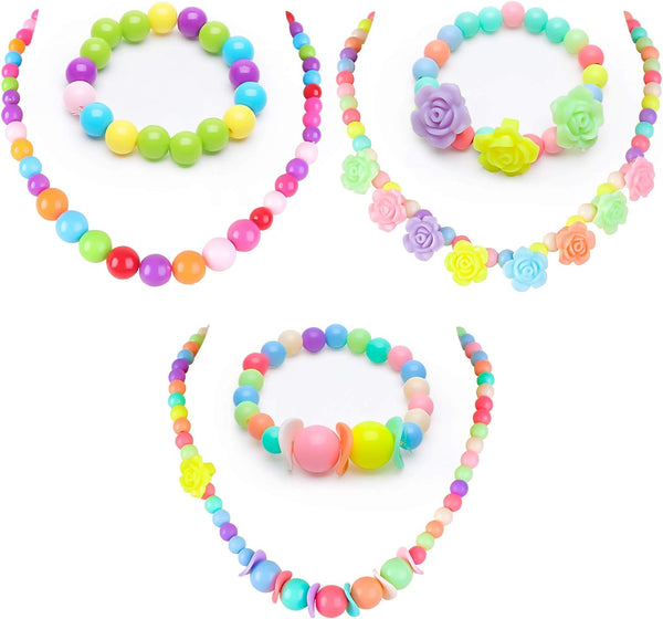 Toddler Necklace Bracelet, 3 Sets Kids Jewelry for Girls Colorful Beads, Costume Dress up Jewelry Gifts Princess Party Favors
