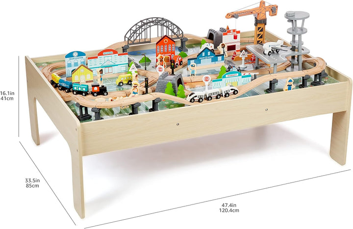 120 Piece Wooden Train Set with Table, Sturdy Tracks and Storage Bin, Multi-Activity, Kids Gift for Age 3Y+, 48.62 X 18.07 X 7.01 In