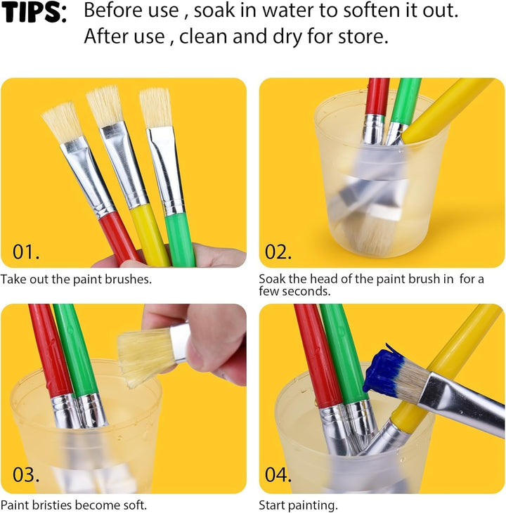 Kids Paint Brushes, 12 Pcs Round/Flat Large, Easy to Clean & Grip Washable No Shed Hog Bristle for Watercolor, Acrylic, Gouache