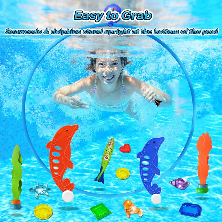 Pool Toys Diving Rings - 28PCS Swim Thru Rings Pool Game Diving Toys with Dive Ring Underwater Treasures Torpedo Bandits Fish Toy Fun Water Swimming Toy for Boys Girls Kids Teens Adults