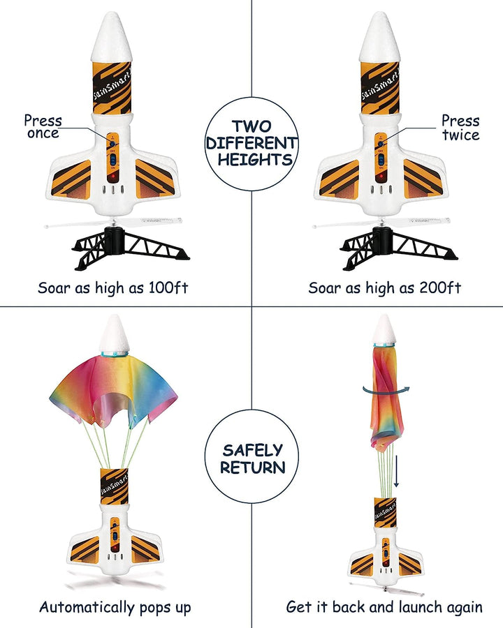 Rocket Launcher for Kids - Motorized Air Rocket Launch up to 200 Ft, Safely Land with Parachute, Self-Launching Outdoor Toy, White