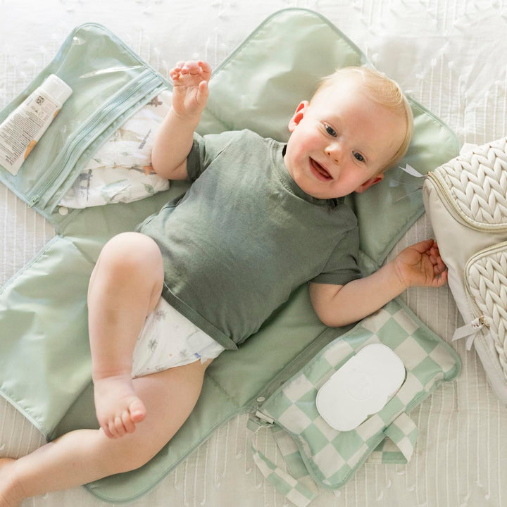 Portable Diaper Changing Pad-Foldable Waterproof Changing Mat&Portable Changing Pad for Travel,Baby Changing Station with Smart Wipes Pocket&Storage (Sage Checkers)