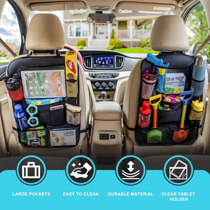 Car Organizer Back Seat with 9 Storage Pockets & 10″ Tablet Holder, 1Pack Seat Back Cover for Kids Toddlers, Kick Mats Protector, Keep Cars Vehicles Organized & Tidy, Travel Accessories