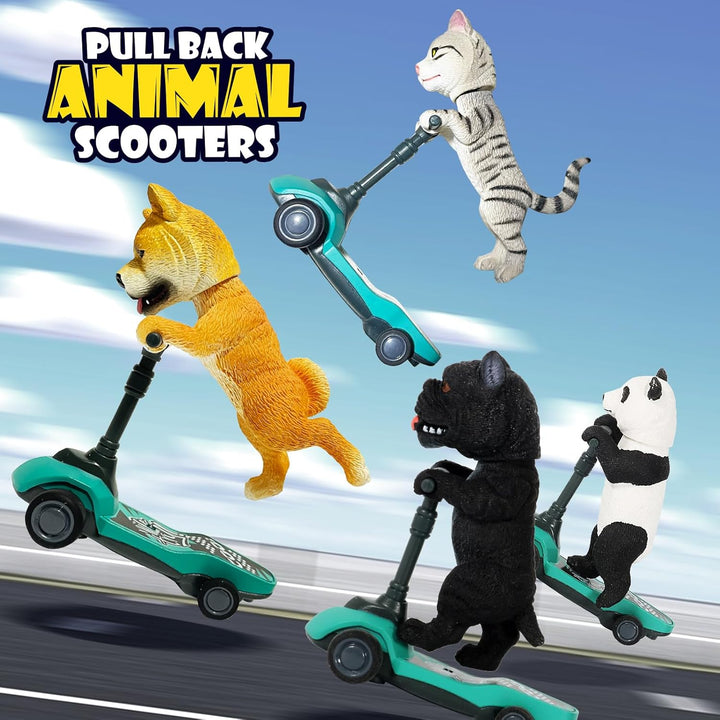 Dog and Cat Toy Scooter Pull Back Cars, 4-Pack Mini Animal Finger Kick Scooters with Panda, Kitten, Shiba Inu, and Bulldog Figures Toys for Boys and Girls Ages 3-6