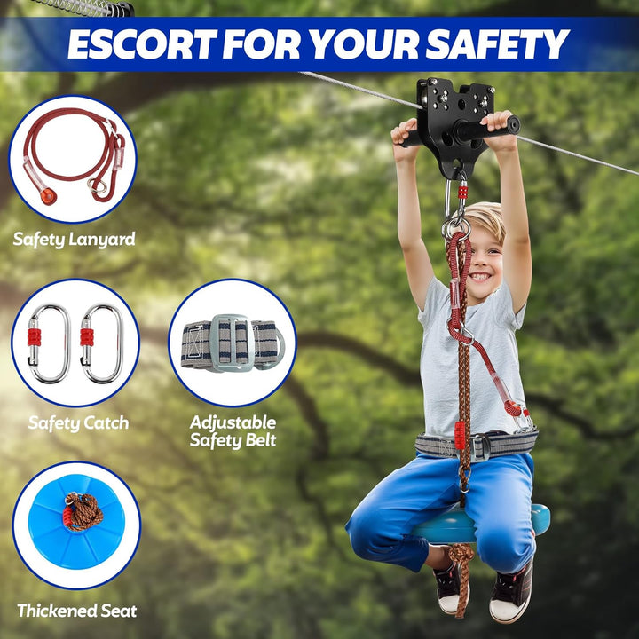 Zip Line Kit for Kids Adults: 200FT up to 400 Lbs - Updated Removable Design Trolley,Thickened Seat,Safety Harness,Quick Tighten Zipline Kits for Outdoor Backyard