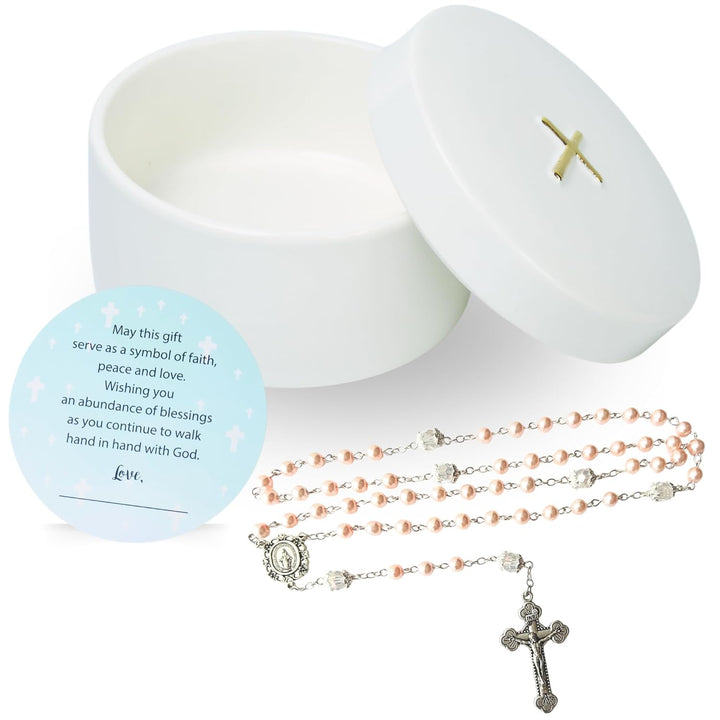 Sweet Treasures Gift – Baptism Gifts for Boys, First Rosary with Ceramic Keepsake Box and Card, Catholic Communion Gift, Christening and Baby Shower Rosary Beads, Blue